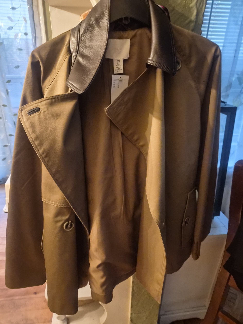 H&M Tan Trench Coat with Black Leather Collar